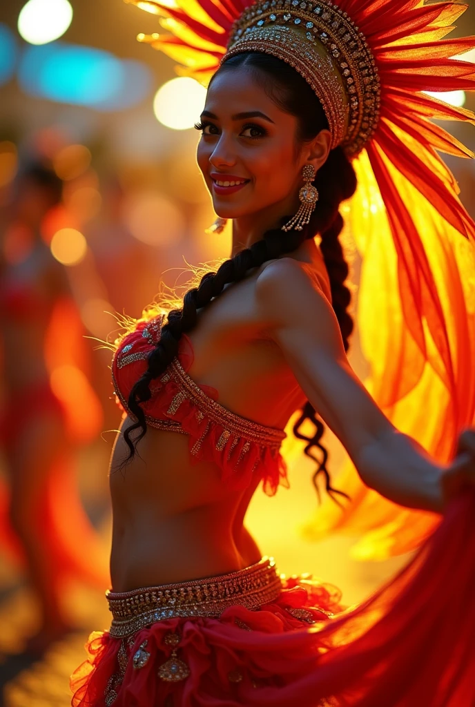 The vibrant 8K resolution image captures the 20-year-old Asian beauty mid-dance, her skin glowing under the vibrant Brazilian samba carnival lights. Her detailed face, with sparkling eyes and a lovely smile, is depicted in a thigh-high shot, with a blurred background highlighting her dynamic pose. She is wearing a flamboyant samba dance headdress and outfit. She is wearing a flashy, colorful outfit that accentuates her ample breasts, her beautifully braided trendy hair, and her sensual gaze that exudes seductive and sexy energy. The samba dancer's body is a masterpiece of proportion, from her slim waist to her wide, shapely hips, with her gape and sexy thighs adding to her allure. As she changes poses, her golden-proportioned face glows with golden light, highlighting her flawless features. The result is a visually stunning and captivating image, a true masterpiece of beauty and sensuality. Her beautiful features are clearly visible in the lighting.