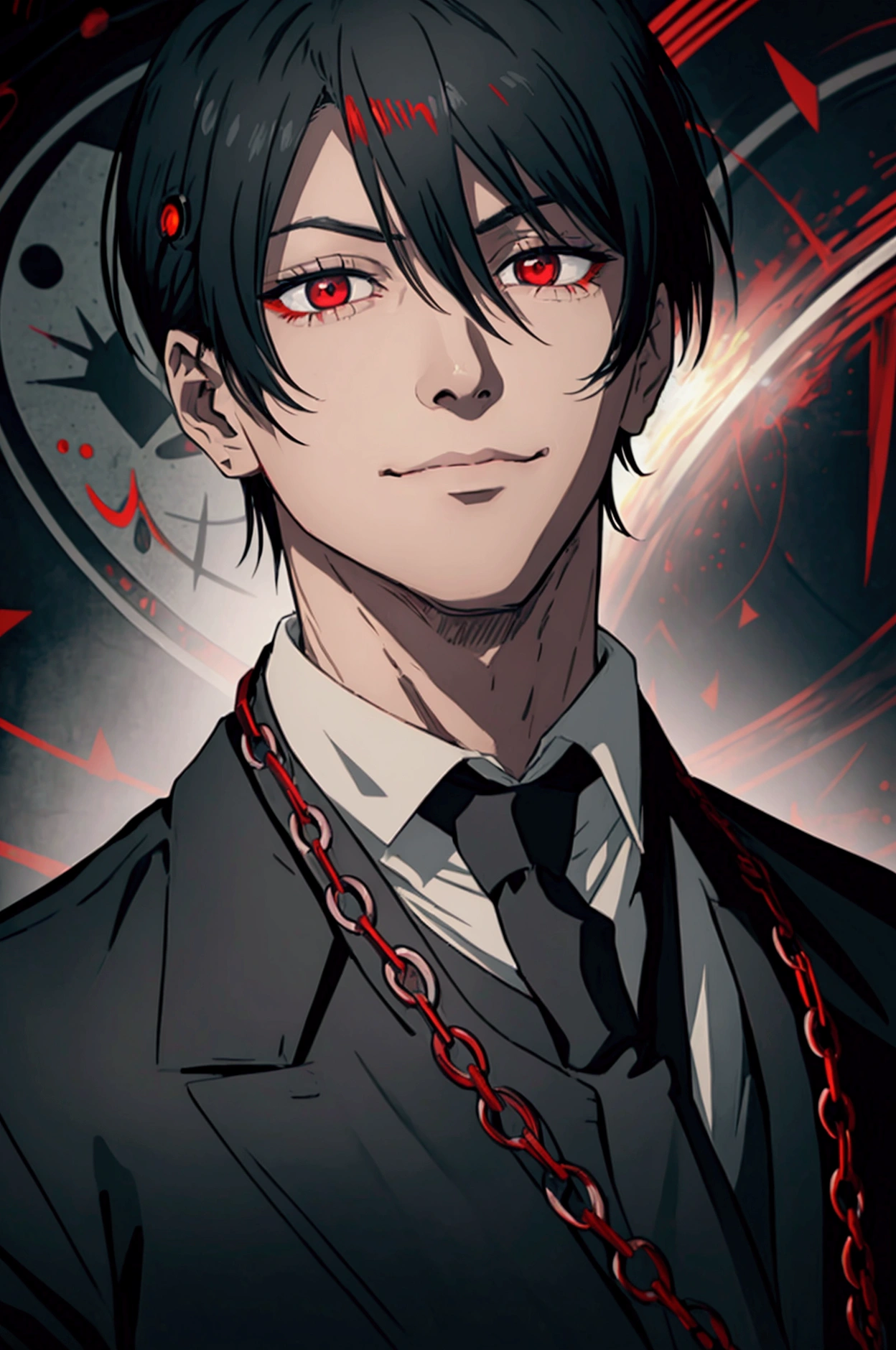 man in black suit, Bblack hair, smiling, red eye iris where the iris has circular patterns of a target with a black dot in the middle, very striking on the character, with open arms showing power, with crimson red chains and a crimson halo over his head in the anime-style style of chainsawman 