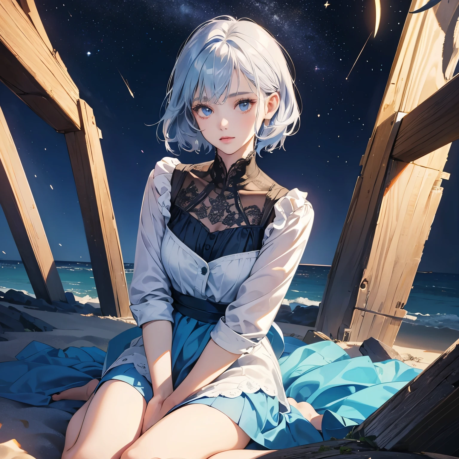 (beautiful girl: 1.3),One girl,masterpiece, Highest quality, Ultra-high resolution,Perfect Face、Very detailed顔、Detailed eyes、Attractive eyes、Eye for detail、Detailed skin、Perfectly shaped、Symmetrical face、 Rich contrast,80s Anime,super high quality,8k, Very detailed,texture,Unbelievably absurd,Highly detailed CG unit wallpaper, Ultra-high resolution,RAW Photos,Depth of written boundary,16K,uhd,Perfect Anatomy, Natural light、Cinematic Realism, Atmospheric lighting, Intricate details,Shadows in the movies,Cinema Lighting,nightのビーチ、Sitting on the beach、night、Beautiful sky(Great view 1.2)、Lots of shooting stars、Looking up at the sky、Looking up at meteors、Full body view、Modern clothing、Realistic clothing、Silver blue hair、Medium Short Hair、Dark、Dark shading、