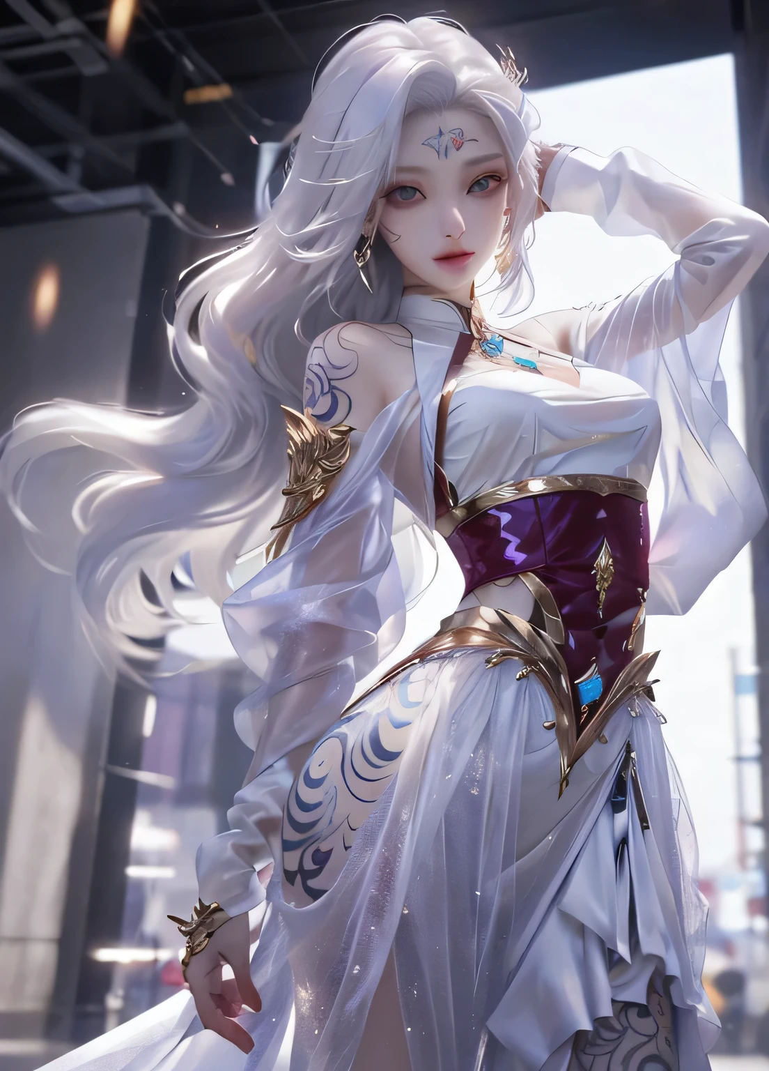 Photorealistic, high resolution, 1 woman, hips up, Beautiful eyes, Long hair, ringed eyes, white hair, jewelry, tattoo, hanfu