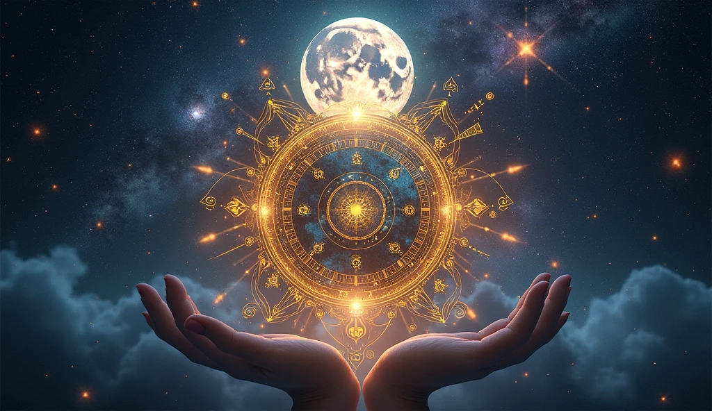 Imagine a deep night sky, where the stars shine brightly as if they guarded the secrets of the universe. In the center of this vast firmament, a majestic celestial calendar emerges, encrusted with luminous gems that mark each day of the month. Each date is adorned with mystical symbols and arcane numbers., vibrating with an energy that echoes the predictions and teachings discussed. The calendar fluctuates, supported by a delicate web of constellations, while a full moon, resplendent and powerful, softly illuminates the scene. Around the calendar, nebulae of ethereal colors dance, reflecting the cosmic forces that influence every action recommended or avoided. The surrounding stars shine with varying intensity, symbolizing the spiritual ups and downs of each day, creating a deep visual link with the spirituality and mysteries of the universe that we guide and explore together.