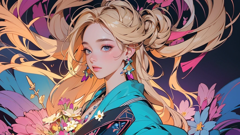 32K, 最高quality, 最高masterpiece, (ultra-Detailed Background, Detailed Background), High resolution, Super detailed, Very detailedな, 1 personの, (bouquet:1.3), (Tangled:1.2), (Geometric:1.2),(colorful),(masterpiece, quality, best quality, Official Art, Beautiful and beautiful:1.2), (1 person:1.3), Very detailed,(colorful:1.1)(Flowers:1.3),Most detailed,(Tangled:1.2), whole body, (Abstract background:1.3), (Skin glows), (Many colors:1.4), ,(Earrings Jewelry:1.5), Gradient Background, It's imaginative., Flaxen Hair,