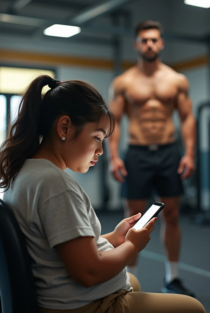 A chubby teenager sits with her cell phone and looks at a guy&#39;s physique at the gym 
