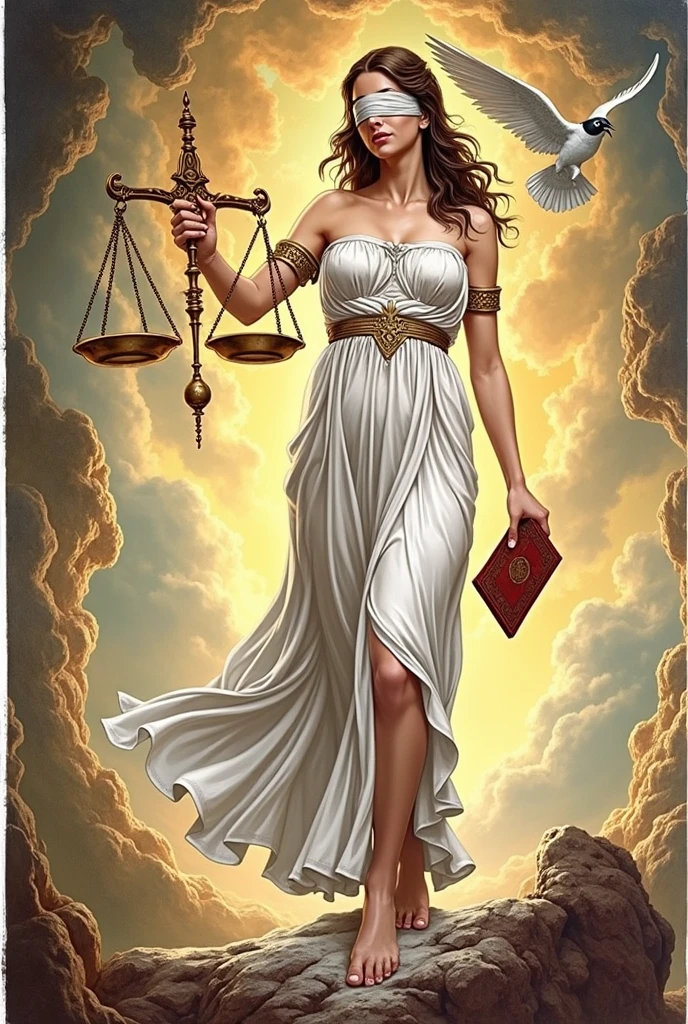 a lady holding a scale and a sword in her hand, Greek Titan goddess Themis, by Pablo Munoz Gomez, justice, zodiac Libra sign, by László Balogh, by Nicolas Marsicano, Libra, Libra symbol, Lt. Alexander Kucharsky, Lt. Eugeniusz Zak, by Ignacio Zuloaga, "A lawyer represented as Lady Justice.. She is dressed in a tailored dark grey Grecian dress with a white blouse, standing confidently. She is wearing a blindfold, symbolizing impartiality, and holds a pair of traditional scales in one hand and a book in the other. His expression is calm and determined... The background shows the Olympus of the gods