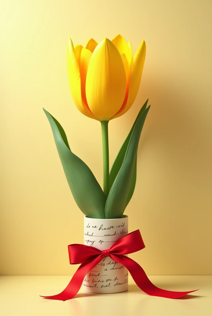 Yellow tulip with a note wrapped around the stem held by a red ribbon