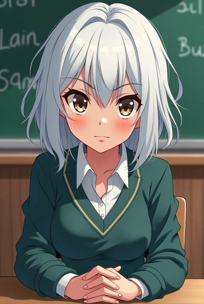 Anime 2d drawing young teacher with white hair with serious expression