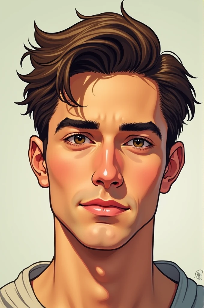 A guy with short hair, tan, ho is a little blush and in a comic or normal art style