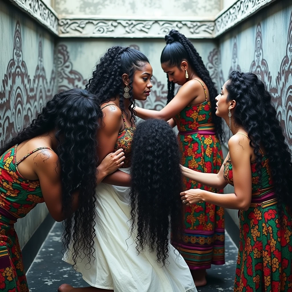 An unusual yet intriguing scene set within the sacred precincts of an ancient mayan office. Three younger,mature,Eldery mexican mayan ladies, adorned in vibrant, traditional mayan dress, stand out against the dark, mystical backdrop. Their unnaturally black, 3C curly hair, reminiscent of coiled springed big straps, draws the eye with its inexplicable sheen and volume. Each strand seems to have been meticulously crafted by an unseen hand, coiled and coiled a million times over until it reaches a state of surreal perfection. The hair appears to have been showered with an unimaginable amount of oil, so much so that it resembles wet pulp, saturated and absorbing the light around them. The kneeled lady in the center, with her hair cascading down her back, is the focal point as her tresses shimmer and reflect like a sea of black mirrors. The other two ladies, their own hair equally as wet and oil-soaked, lean over her from behind. With a playful yet fervent expression, they begin to lick and kiss her scalp, their movements seemingly driven by an unbridled passion. This act of intimate hair worship is both mesmerizing and slightly jarring, as their thick, curly locks, like dark waterfall of springs, bounce and sway with each tender caress. The scene is suffused with an air of strange ritual, as if the very essence of the divine is being invoked through the act of grooming and adoration. Each curl is a testament to the boundless creativity of nature, while the trio's shared experience speaks to a deep-rooted bond of sisterhood and the mysterious powers of feminine unity. The image captures a moment that is at once sensual, spiritual, and eerily beautiful, leaving the viewer to ponder the story behind this peculiar tableau.