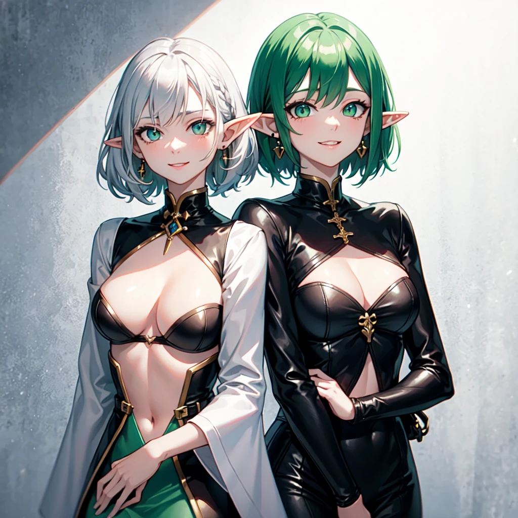 elf woman, silver hair and short hair. Green and white medieval clothing, black shirt, white skirt and long black leggings and long boots. Gold earrings on both ears. Yandere face and macabre smile. 1 single woman. Upper body. Round breasts without a bra