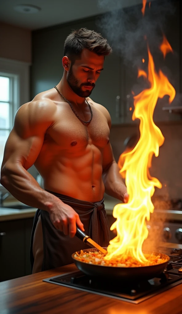 Tall, A handsome, muscular man stands in the kitchen., Wear only an apron, totally naked, Revealing his bare buttocks, Hold the pan and skillfully stir-fry the ingredients.. sudden, Dancing flames rise from the pan, 32K, best quality, Masterpiece, Superb details, Highly detailed,