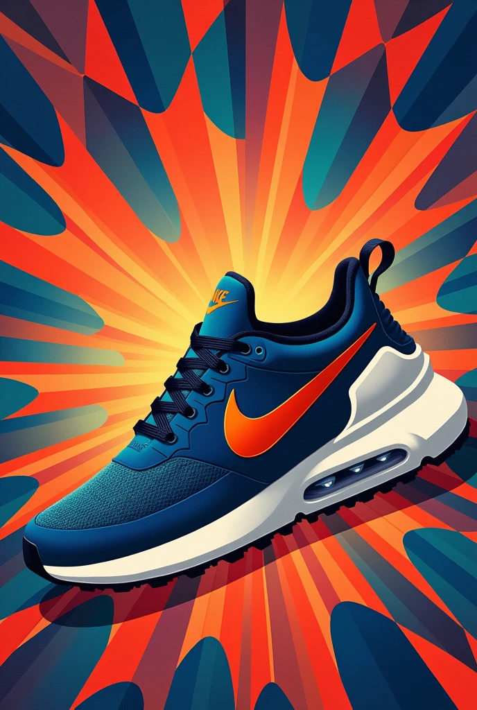 Use as inspiration the Air Max pulse NIKE poster as inspiration to recreate the same image just that using as inspiration the max bill poster which has diferentes colores and different triangles sizes . Now the image I need is to keep the shoe in the middle with no difference as the poster but al around I need you to keep the color but full it with triangles just as the max bill poster. 
