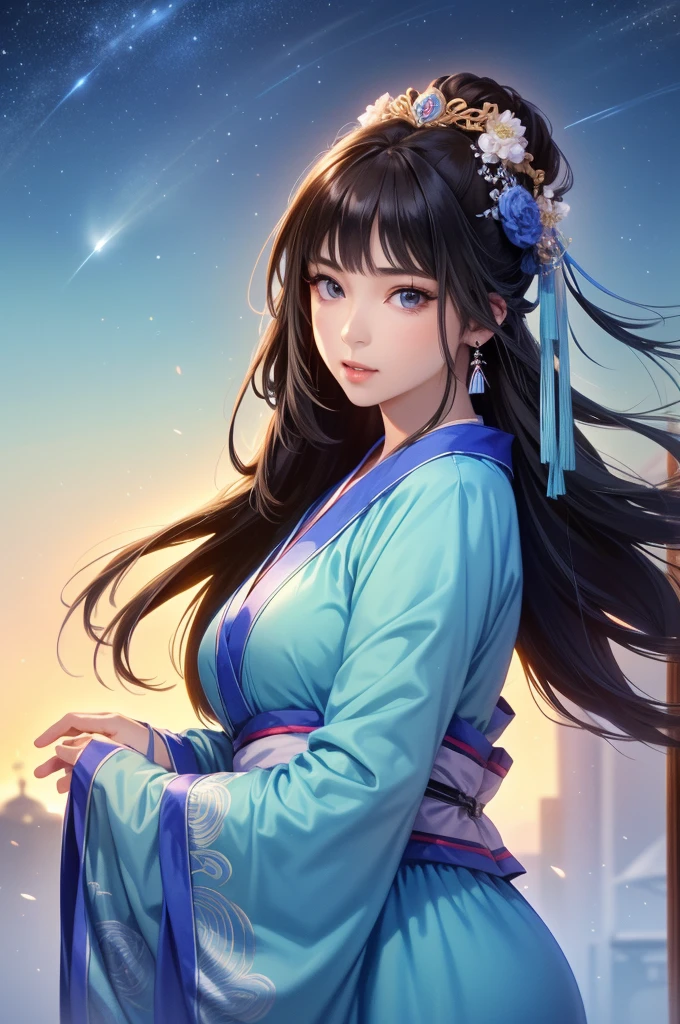 Starry sky landscape、shooting star、Han Dynasty Landscape、Three Kingdoms、(Highest quality,4K,8k,High resolution,masterpiece:1.2)、Very detailed, High resolution,、Hyper HD、Studio Lighting、Ultra-fine painting、 Sharp focus、 Physically Based Rendering、 Very detailed説明、 Professional、 Vibrant colors、Traditional Chinese Painting Techniques、 Atmospheric lighting、 Vivid color contrast、Very detailed目と顔、 Beautiful attention to detail、 Light on the face、Hanfuを着た少女、(Hanfu: 1.1)、Eyes are green、(((1 girl)))、Anatomically correct