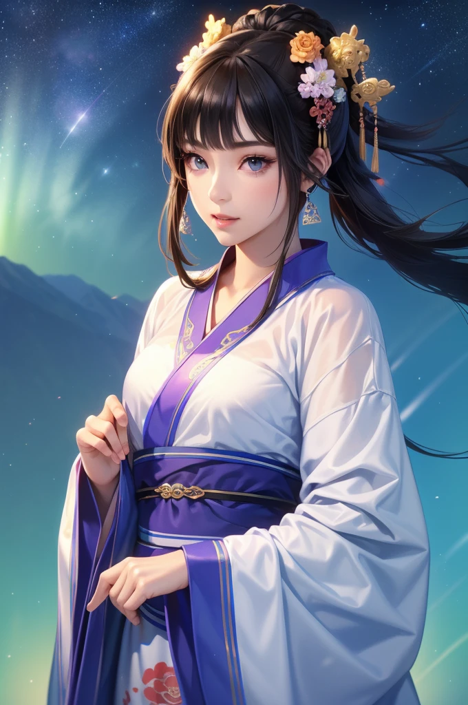 Starry sky landscape、shooting star、Han Dynasty Landscape、Three Kingdoms、(Highest quality,4K,8k,High resolution,masterpiece:1.2)、Very detailed, High resolution,、Hyper HD、Studio Lighting、Ultra-fine painting、 Sharp focus、 Physically Based Rendering、 Very detailed説明、 Professional、 Vibrant colors、Traditional Chinese Painting Techniques、 Atmospheric lighting、 Vivid color contrast、Very detailed目と顔、 Beautiful attention to detail、 Light on the face、Hanfuを着た少女、(Hanfu: 1.1)、Eyes are green、(((1 girl)))、Anatomically correct
