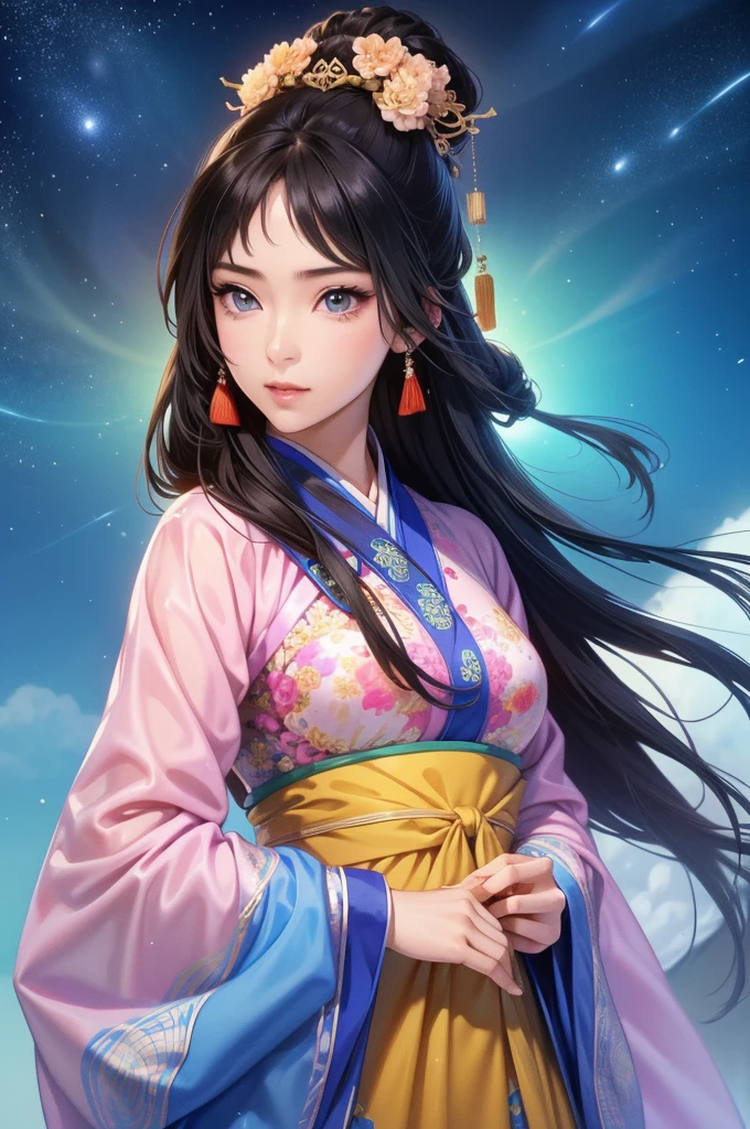 Starry sky landscape、shooting star、Han Dynasty Landscape、Three Kingdoms、(Highest quality,4K,8k,High resolution,masterpiece:1.2)、Very detailed, High resolution,、Hyper HD、Studio Lighting、Ultra-fine painting、 Sharp focus、 Physically Based Rendering、 Very detailed説明、 Professional、 Vibrant colors、Traditional Chinese Painting Techniques、 Atmospheric lighting、 Vivid color contrast、Very detailed目と顔、 Beautiful attention to detail、 Light on the face、Hanfuを着た少女、(Hanfu: 1.1)、Eyes are green、(((1 girl)))、Anatomically correct