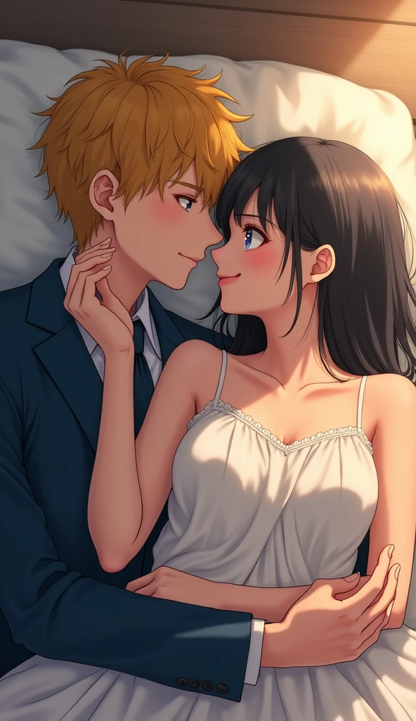 (32K:1.9, Realistic:1.9, Highest quality, masterpiece, Ultra-high resolution), Perfect dynamic composition:1.3, Highly detailed skin and facial textures:1.3, (Cute sexy slim Japanese schoolgirl, height: 155cm), (Slim Japanese high school boy, Length 180cm), ((both are lying on the bed。, A man gives a pillow to a woman。:1.3, to kiss:1.4)), Fair skin, ((Clarity:1.1)), (Man wearing formal uniform, Bright yellow hair, beautiful目:1.3), (The woman is wearing a pure white camisole dress, Straight black hair:1.3, smile:0.9, A man completely charms a woman:0.9, beautiful Blue Eyes, beautiful, Clear Eyes:0.8), Sexy Face:0.4, blush:1.1, ((beautifulエロティシズムを醸し出す雰囲気:1.0, Professional random camera work:1.0, Cinematic Lighting Effects:1.0, romantic:1.0, artistic:1.0, mysterious:1.0)), Too erotic, Object of admiration, original, dramatic, Innovative, charm, Heartful, Fancy, Tilt, sense of loss, special, exciting, Extreme, sense of openness, joy, joyの表現, ((若さのcharm, 女性的なcharm))