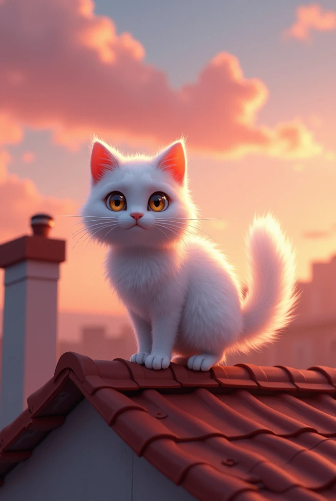 A cat with white fur and bright eyes, called Star, explore a rooftop at dusk. The house is simple, with red tiles, and the sky is tinged with orange and pink hues.