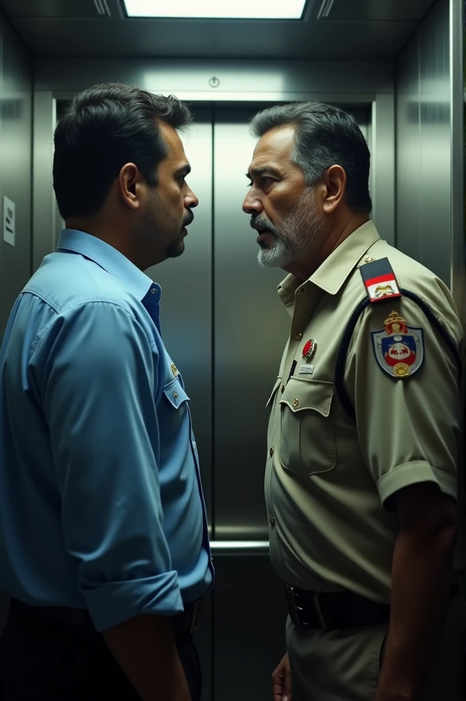Indian man with blue shirt tucked in quarell with a middle age indian office guard in lift