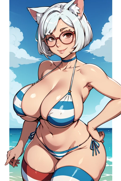 Purah, sexy pose, big breasts, curvy, smile, white bob haircut, striped blue bikini, blue striped stockings, cat ears, glasses
