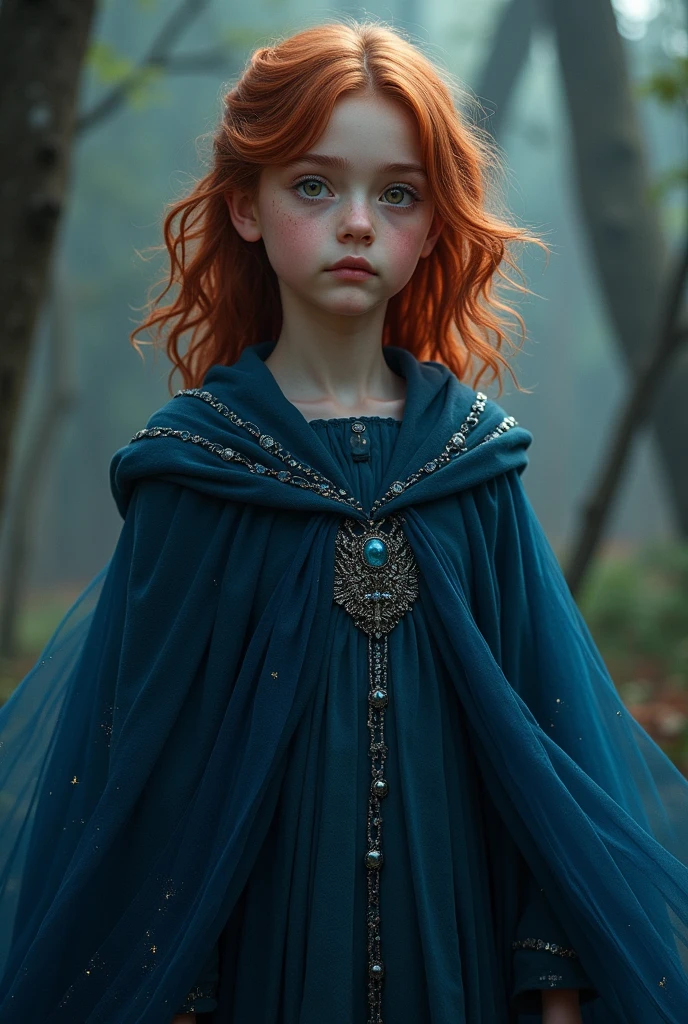 girl with medium length dark red hair; with eyes that vary between green, gray and light brown; fair skin and blue Ravenclaw witch robes.