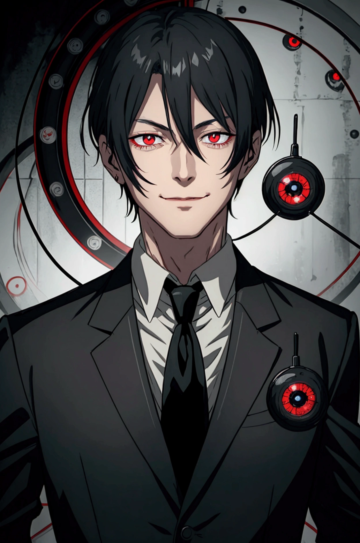 man in black suit, Bblack hair, smiling, red eye iris where the iris has circular patterns of a target with a black dot in the middle, very striking on the character, with open arms showing power, with crimson red chains and a crimson halo over his head in the anime-style style of chainsawman 