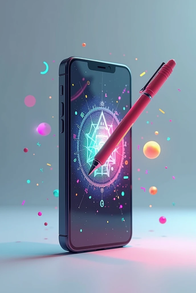 Phone standing with a pen inside the screen where colored symbols appear