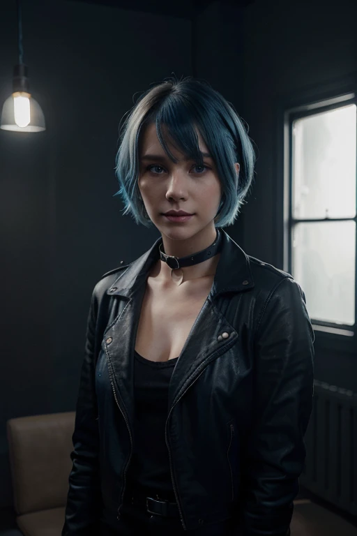 A portrait of an attractive young woman with blue hair, wearing a black leather jacket and choker necklace. She has a short, shoulder-length, wavy bob-cut blonde hairstyle, hazel blue, a subtle smile, and pale skin, with a blue lighting effect. This is a digital painting. She in a dark room with minimalist furniture, if any.