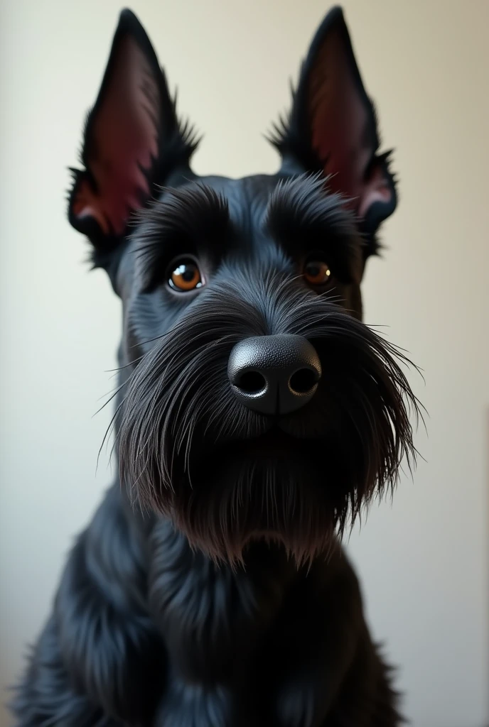 Black snauzer dog named ponky who has a big nose, but has medium-sized drooping ears and a beard