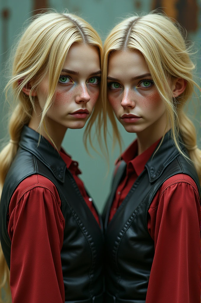 A 2 woman, beige skin, with an elongated face with a crooked Roman nose, freckled face, heterochromatic eyes, the right eye green and the left violet, has dull and disheveled blonde hair, dresses like a man with a black leather vest and red cloth sleeves