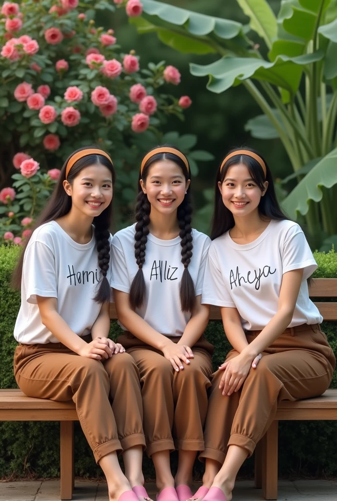 Create a full body three beautiful Thai women's smiling, wearing a white t-shirts with have own written say's " harmi/alliz/ahya " and brown cargo pants, and pink beautiful shoes,  black long braids hairstyles with brown headband, sitting on the bench garden with flowers rose and the right side has green leaf like banana, looking at the camera.