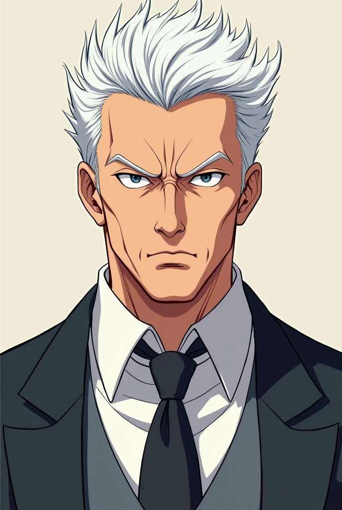 Anime 2d drawing white haired male teacher with serious expression