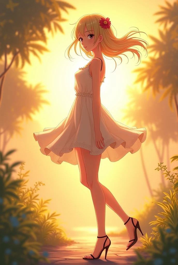 anime girl, blonde, sundress, high heels, looking at the sun