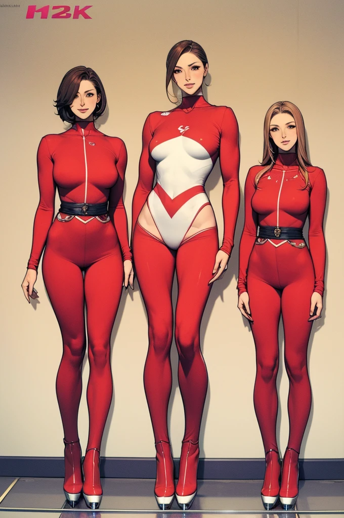 Full body picture:(masterpiece:1.2, best quality),(Very detailed),8K,wallpaper,Three women standing in a row,Full body picture,Super Sentai figure skater,Tall figure,Long legs,muscular