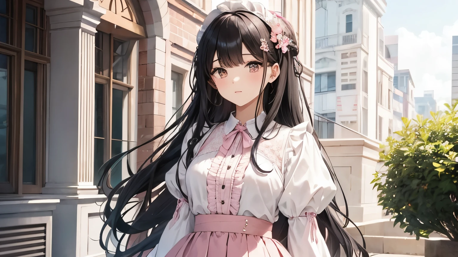 A beautiful woman wearing a pink and white blouse and skirt with lots of frills and lace Long black hair with hair ornament Upper Body