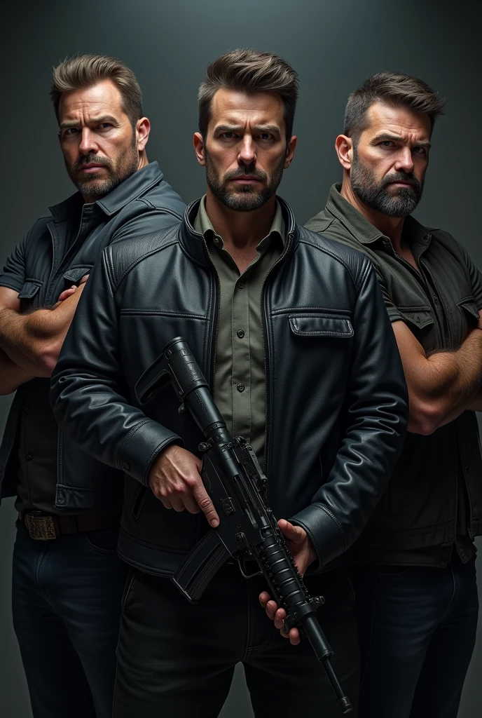 Create a group of three men, The man on the right has a smile and an intimidating look., The one on the left has a serious face, His arms were crossed The man in the middle is also serious, He even has a gun in his hands 