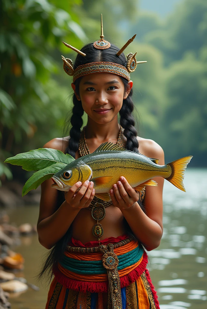1 Borneo Tribal Girl, Wearing tribal headdresses and accessories, Sitting naked in the river bathing, Show vagina and breasts, Hyper realistic, Lifelike texture, Dramatic Lighting, nikon RAW photo, 8K, FUJI XT3,Citrine Dream Mix, masutepiece, Best Quality, Realistic, Naked, Show vagina, (Photorealistic:1.4), ultra-detailliert, extra detailed face, Solo, entire body visible, (((Smile:1.2)))