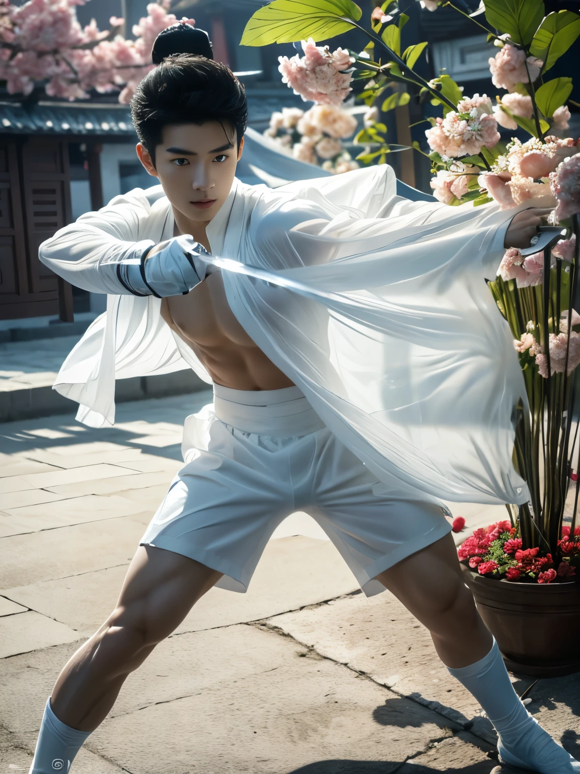 (A asian pretty Boy, cute boy, Nude posing:1.1), (absurdres, realistic, masterpiece:1.2), A hyper-realistic, RAW photo, best quality, 8K, man, chinese idol, very handsome, perfect face, intricate detail, Extremely detailed, (photorealistic:1.5), professional photography, Bright colors, Clear focus, young, slender, muscular, slim muscular, (perfect hands, 5 fingers) , Comb-over hairstyle, Black short hair, clear and beautiful detailed eyes, perfect eyes, Playful expression, soft skin, detailed skin, sword, holding, blade to side, strike pose, blade down, blade right hand, detailed highlights and shadows, Excellent body proportions, Correct anatomy, male focus, (Topless, open transparent tulle jacket:1.2), (white short pants:1.5), Potted plants, flowers, Studio Lighting, gentlesunlight, Cinematic Lighting, Warm colors, full-body shot, Chinese courtyard background,