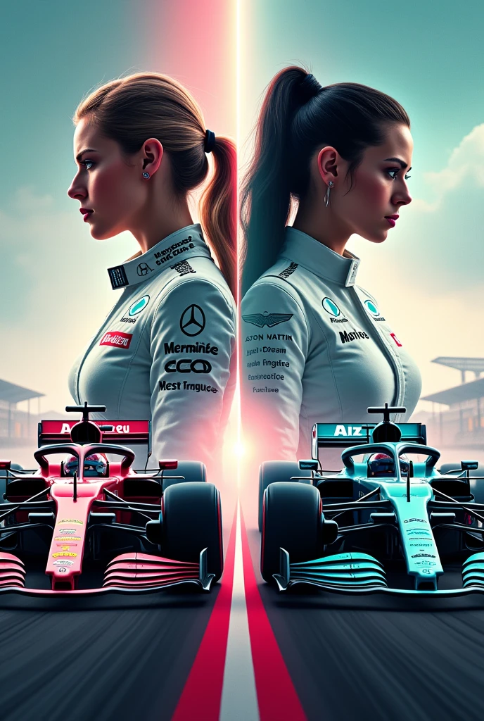Formula 1 cover with driver womam Mercedes-Benz and driver womam Aston Martin on opposite sides