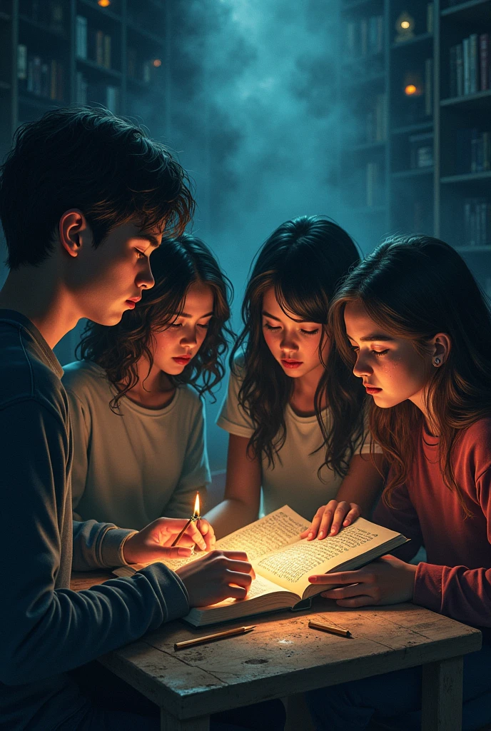 (Best Quality)), ((masterpiece)), (detailed), When reading the cursed book, the group of friends, two teenagers and two girls, accidentally unleash a curse that begins to affect each of them..