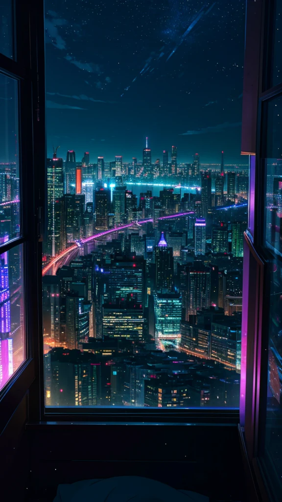 An anime-style image focusing on a breathtaking nighttime cityscape with glowing lights from tall buildings, seen through an open window in a cozy bedroom. The window is fully open, offering an unobstructed view of the vibrant, illuminated city below. The night sky is deep blue with hints of purple, enhancing the contrast with the bright city lights. The room is dimly lit, allowing the cityscape to be the focal point, with a few small red flowers on the windowsill subtly adding a touch of nature to the urban setting