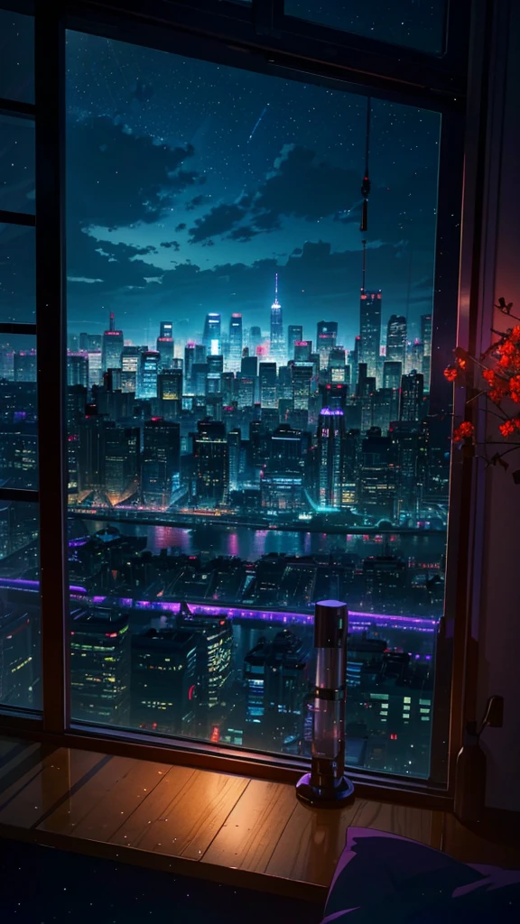 An anime-style image focusing on a breathtaking nighttime cityscape with glowing lights from tall buildings, seen through an open window in a cozy bedroom. The window is fully open, offering an unobstructed view of the vibrant, illuminated city below. The night sky is deep blue with hints of purple, enhancing the contrast with the bright city lights. The room is dimly lit, allowing the cityscape to be the focal point, with a few small red flowers on the windowsill subtly adding a touch of nature to the urban setting