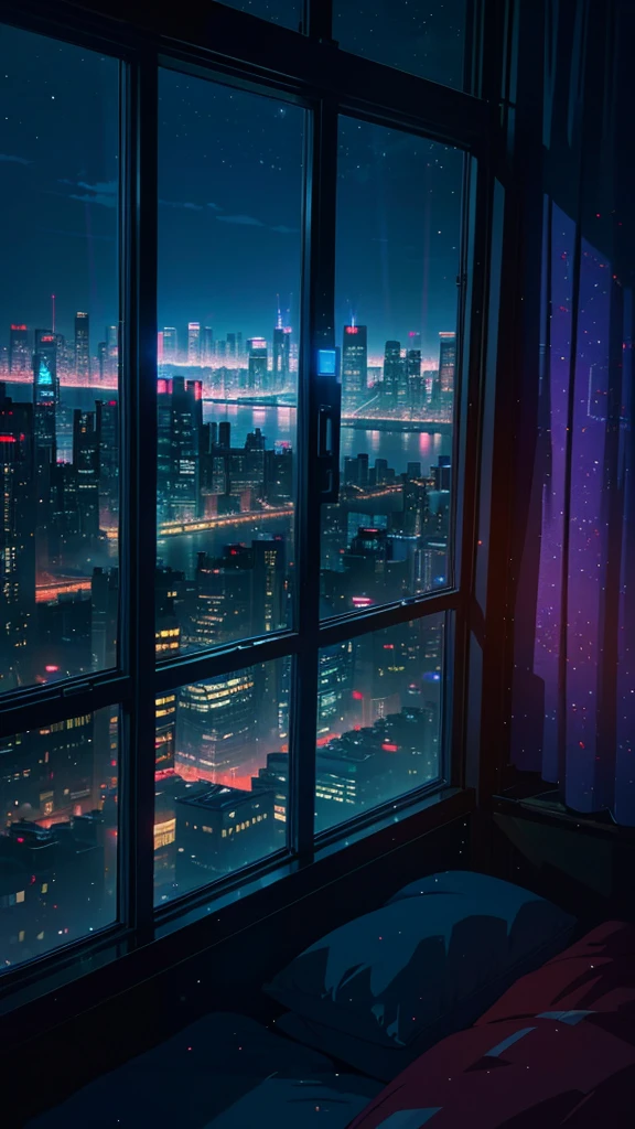 An anime-style image focusing on a breathtaking nighttime cityscape with glowing lights from tall buildings, seen through an open window in a cozy bedroom. The window is fully open, offering an unobstructed view of the vibrant, illuminated city below. The night sky is deep blue with hints of purple, enhancing the contrast with the bright city lights. The room is dimly lit, allowing the cityscape to be the focal point, with a few small red flowers on the windowsill subtly adding a touch of nature to the urban setting