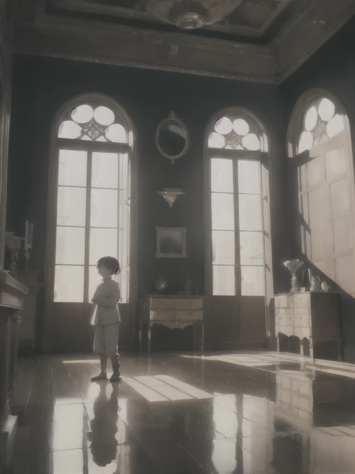 Create a scene where a young boy with vibrant blue eyes sits on the floor of an opulent, medieval-style room, gazing thoughtfully at his reflection in a large, ornate mirror. The boy wears simple yet elegant clothing, his expression a mix of wonder and contemplation as he begins to understand his new identity. The room is rich in detail: a plush canopy bed, sunlight streaming through a large window, and finely carved wooden furniture that exudes warmth and luxury. In the mirror’s reflection, faint, ghostly images from the boy’s past life—like a shadowy adult figure or subtle hints of a modern world—are barely visible, symbolizing lingering memories. The scene should evoke a sense of quiet realization and the start of a new journey in a fantastical world