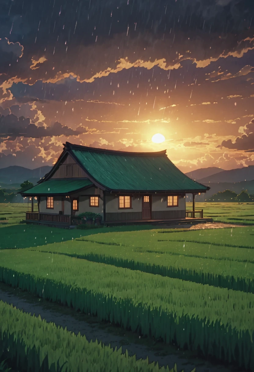 masterpiece!!!! 8k limestone hut in the middle of green field ANIME GHIBLI STYLE!!!!! The image shows a serene twilight scene with clouds, rain, sparks, lighting, shadows, 8khdr sol ilumination!!!! sunrise clouds