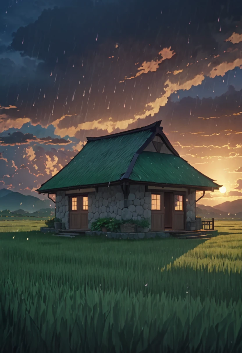 masterpiece!!!! 8k limestone hut in the middle of green field ANIME GHIBLI STYLE!!!!! The image shows a serene twilight scene with clouds, rain, sparks, lighting, shadows, 8khdr sol ilumination!!!! sunrise clouds