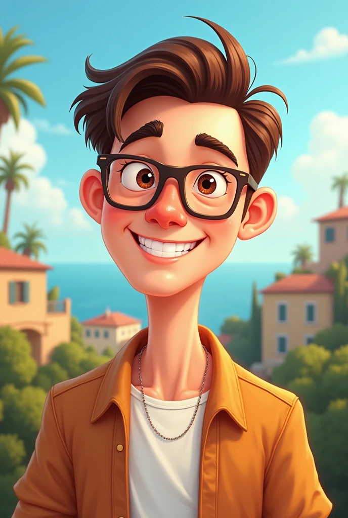 2D CARTOON OF AN ENDOMORPHOUS MAN WITH SHORT BROWN HAIR ON THE SIDES, White skin, WITH GLASSES BROWN EYES WITH SICILY BACKGROUND