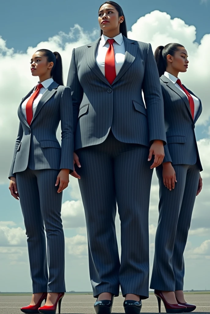 four women giga giantess 1 huge breasts light navy blue pinstriped suit white tailored shirt done up thick and very large Windsor knot red tie Has ponytail blazer undone Wearing a pair of platform heels Professional attire A look of enjoyment, Beautiful appearance, smile, (satellite view)giga giantess (gts 1.2)