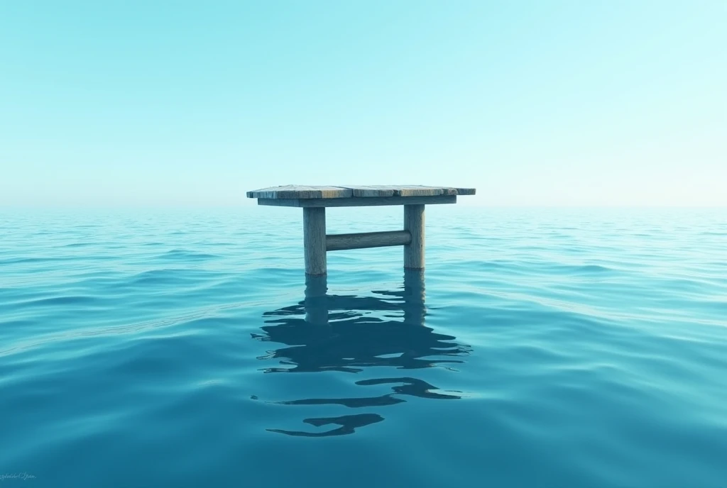 an upside-down table floating in the sea