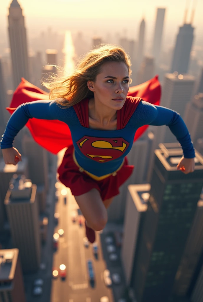 Supergirl, flying over the city of Metropolis