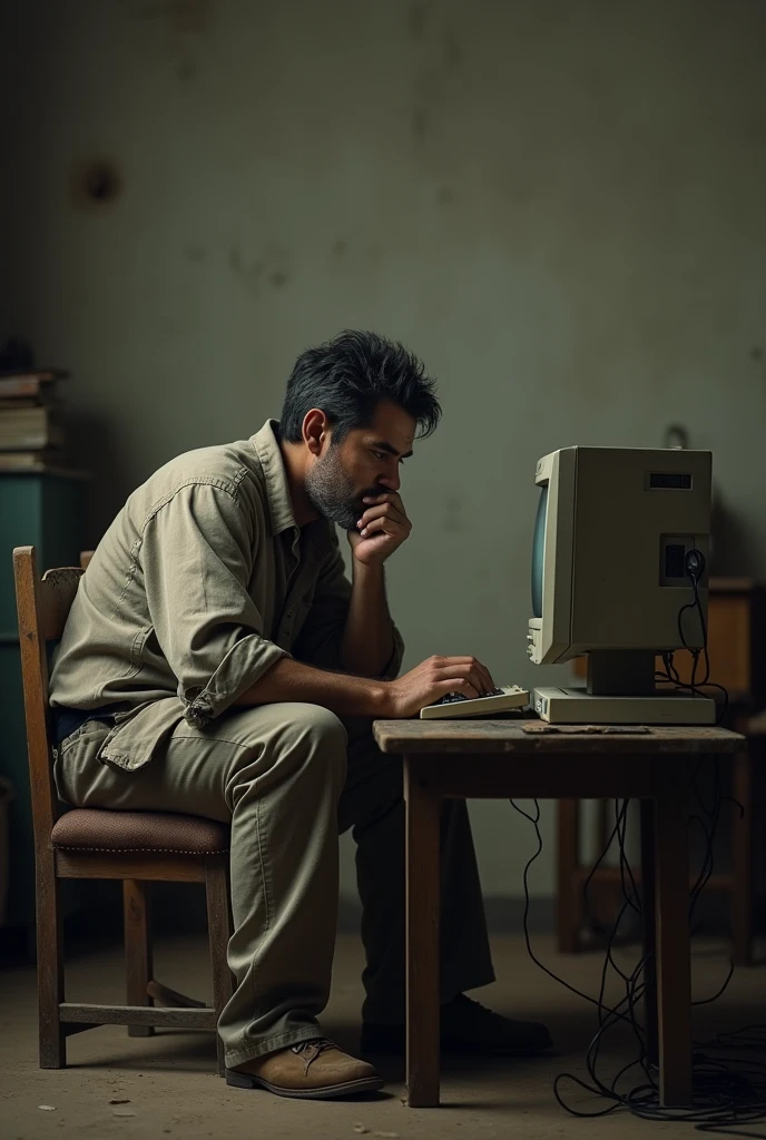 A poor man thinking about how to get rich In front of the computer