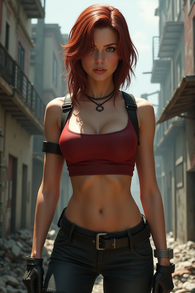 Sexy girl, gangster girl, perfect body, medium breast, red short hair, unbuttoned blouse, metalhead, streetwear clothes, short plaid skirt, grunge, crossing arms, fight pose, sexy hips, stockings, sitting on bench, angry